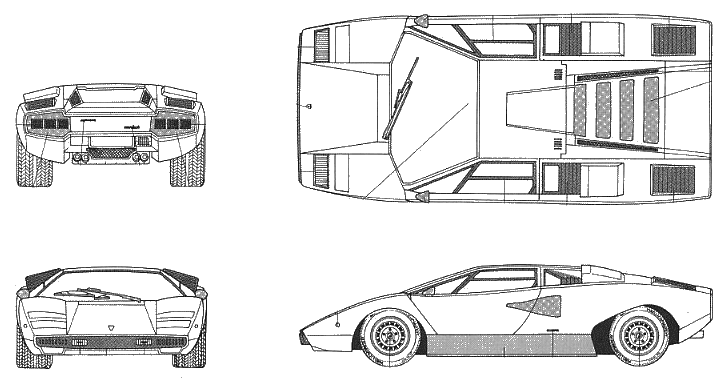1974 Lamborghini Countach LP400 White-Red Coupe blueprints free - Outlines